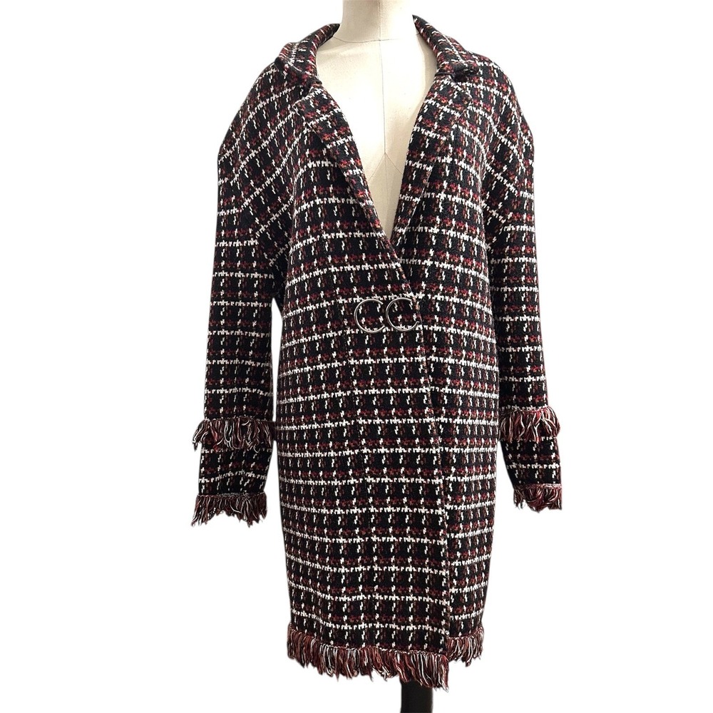 Plaid Tweed Coat Womens XL Black Red Fringe Longline Cardigan Simply Couture